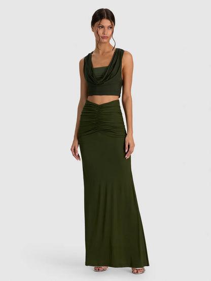 Shannon Ruched Maxi Skirt Dark Fern - Alice + Olivia