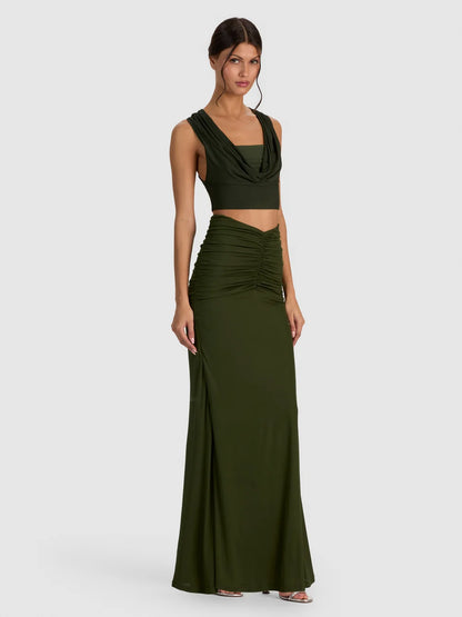 Shannon Ruched Maxi Skirt Dark Fern - Alice + Olivia