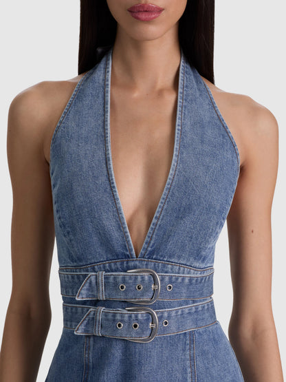 Solana Buckle Denim Halter Mini Dress Brooklyn Blue - Alice + Olivia