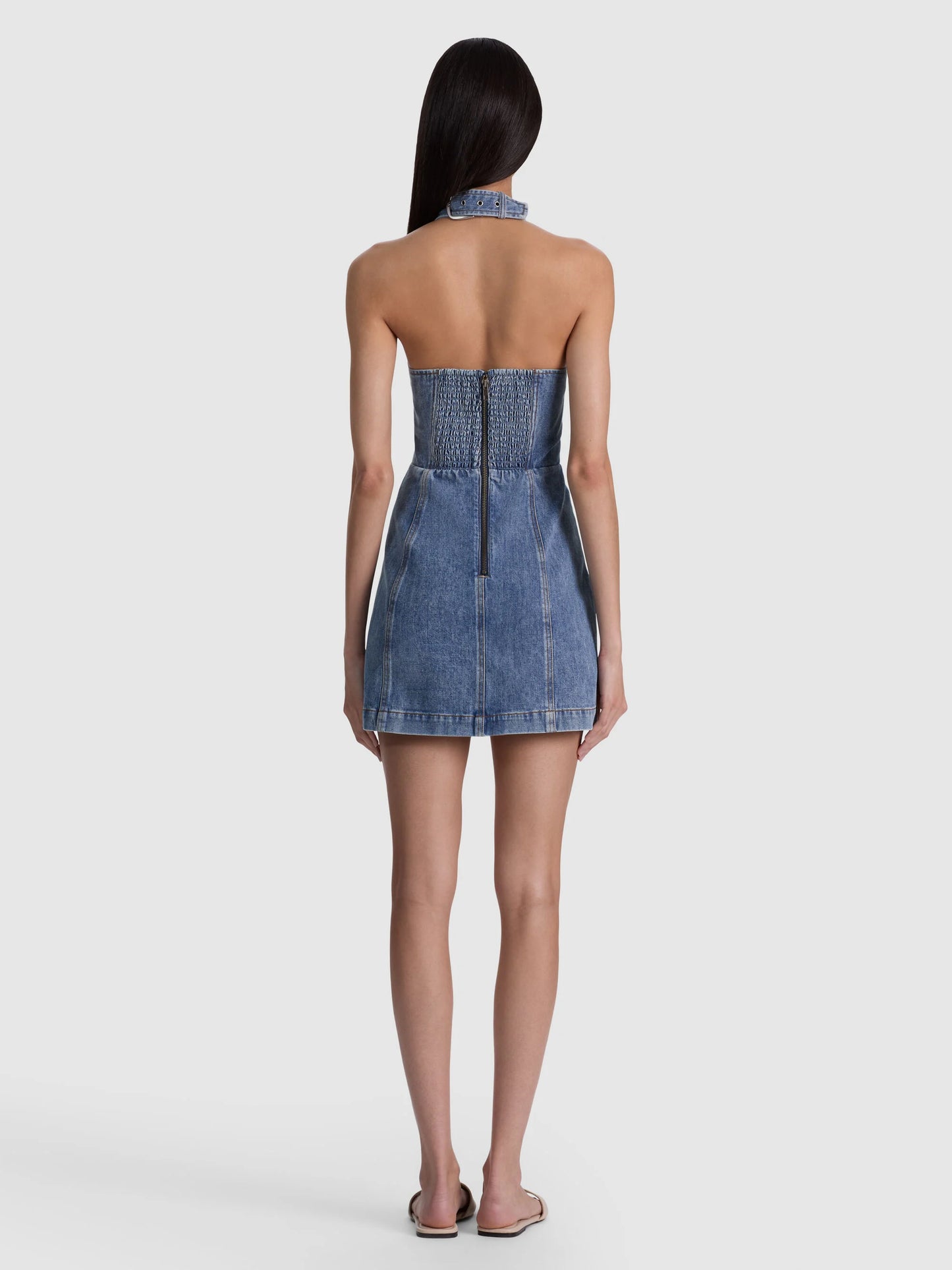 Solana Buckle Denim Halter Mini Dress Brooklyn Blue - Alice + Olivia