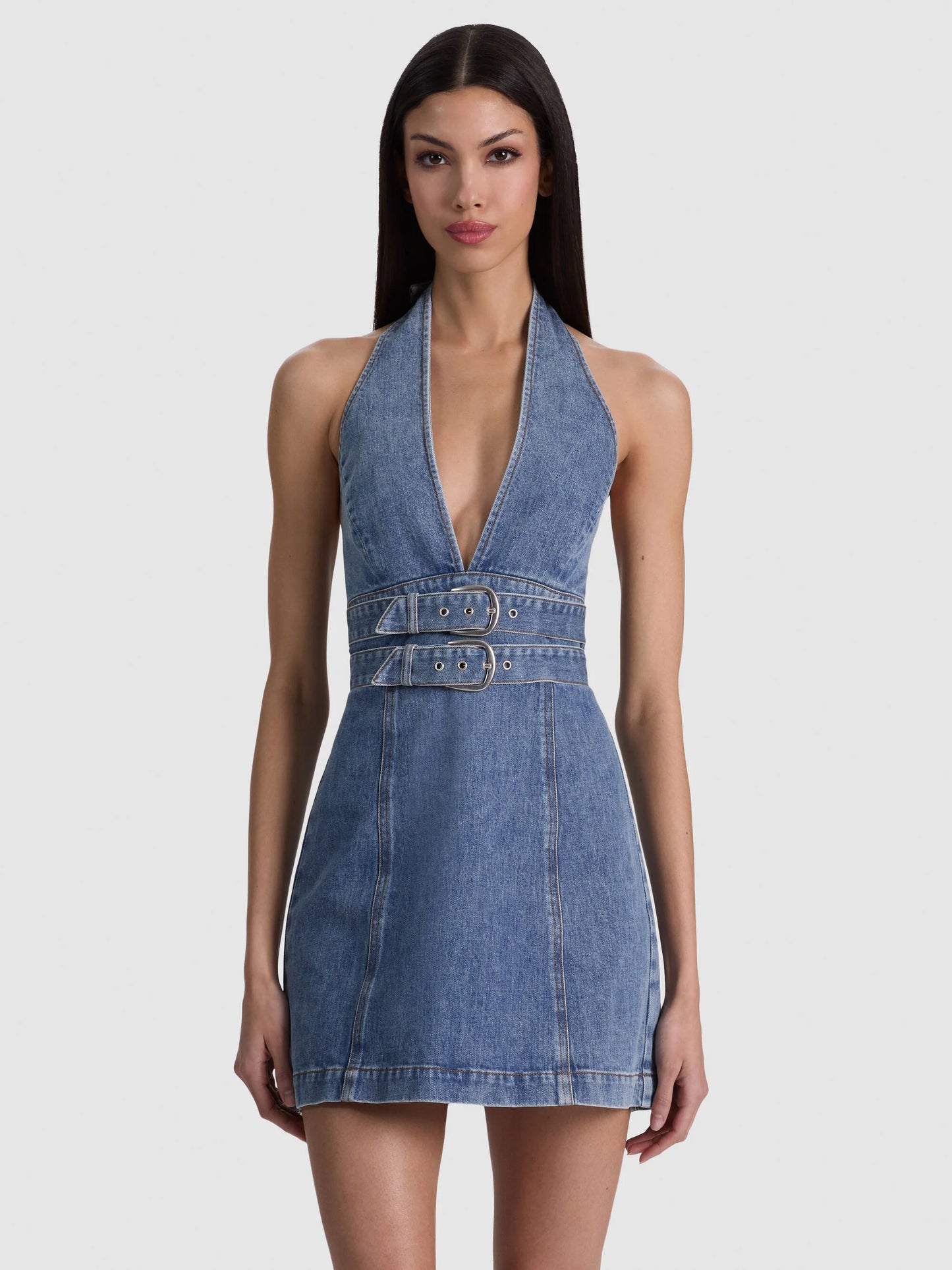 Solana Buckle Denim Halter Mini Dress Brooklyn Blue - Alice + Olivia