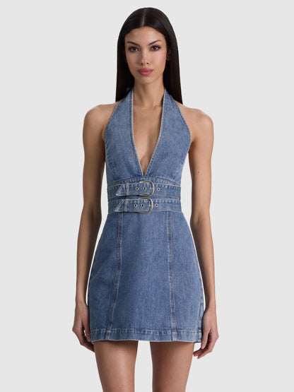 Solana Buckle Denim Halter Mini Dress Brooklyn Blue - Alice + Olivia