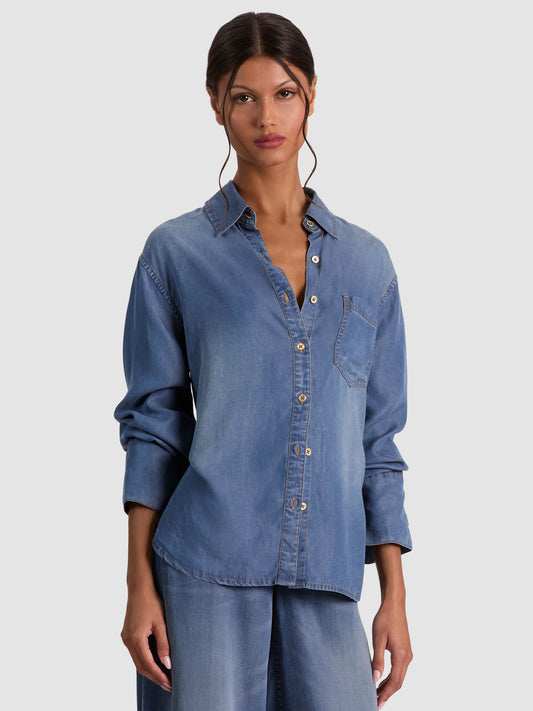 Finely Oversized Denim Button Down Florence Vintage Blue - Alice + Olivia