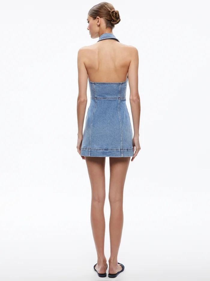 Kendall Denim Halter Mini Dress Ivy Blue - Alice + Olivia