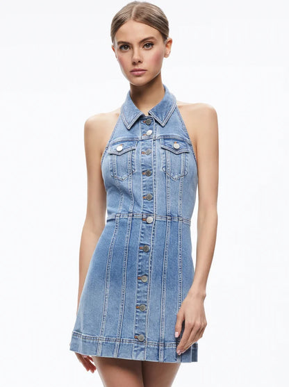 Kendall Denim Halter Mini Dress Ivy Blue - Alice + Olivia