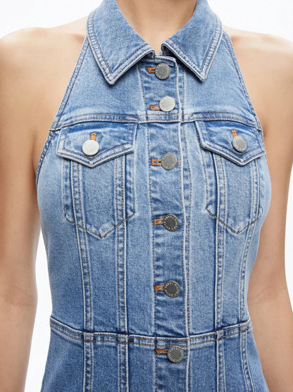 Kendall Denim Halter Mini Dress Ivy Blue - Alice + Olivia