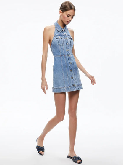 Kendall Denim Halter Mini Dress Ivy Blue - Alice + Olivia