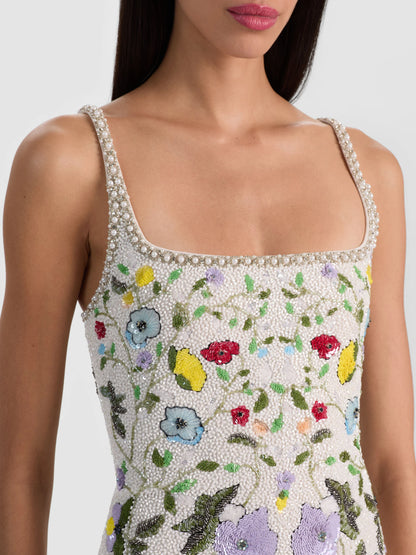 Julia Embellished Mini Gown Twisting Vines Off White - Alice + Olivia