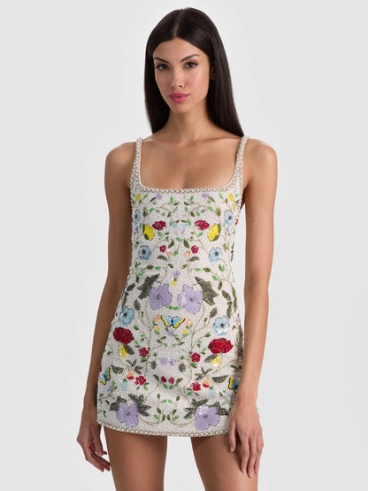 Julia Embellished Mini Gown Twisting Vines Off White - Alice + Olivia