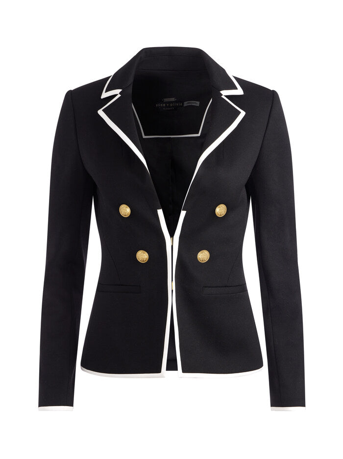 Mya Contrast Piping Fitted Blazer Black & Off - Alice & Olivia