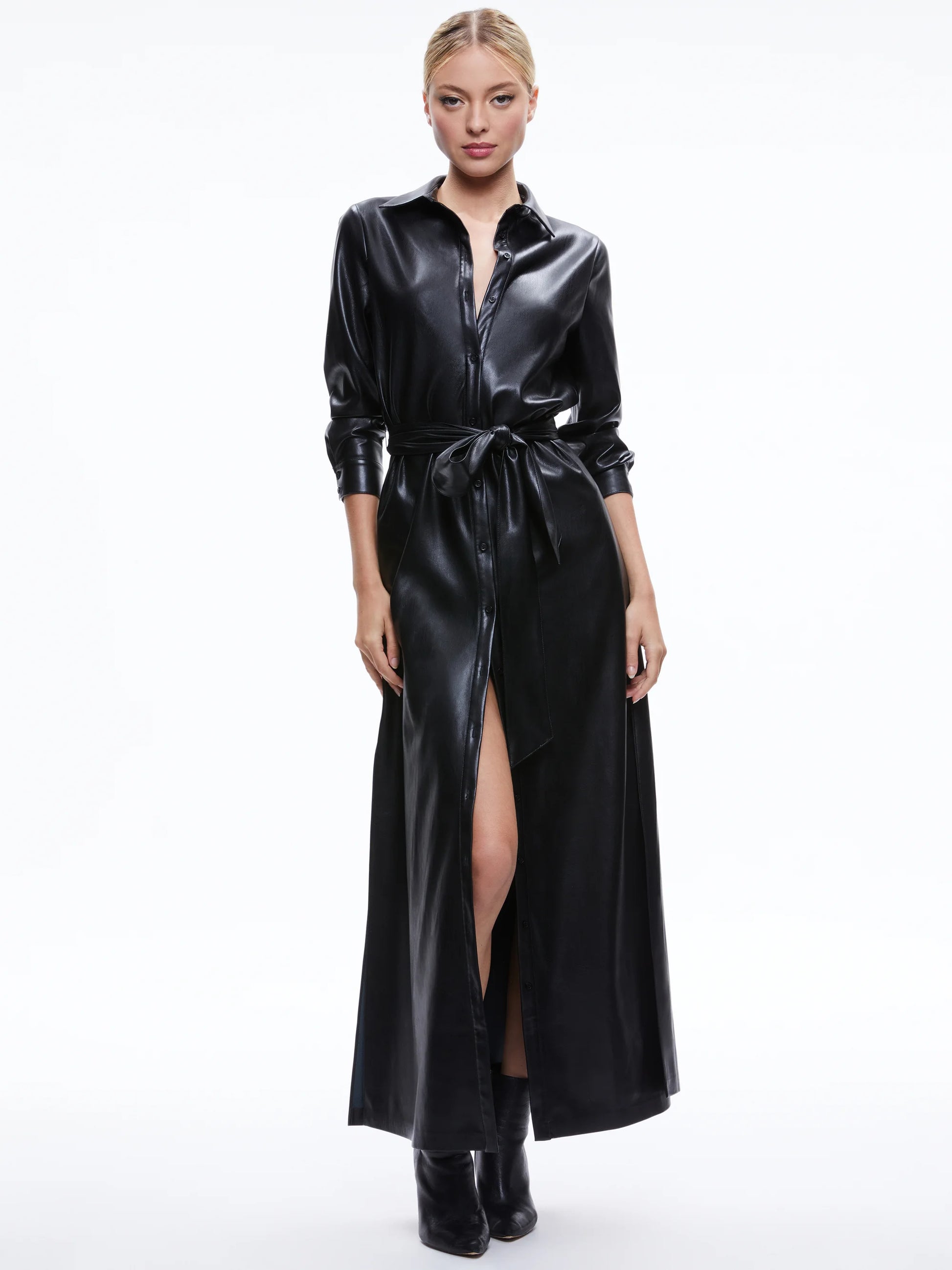 Chassidy Vegan Leather Maxi Shirt Dress Black - Alice + Olivia – Jackie ...