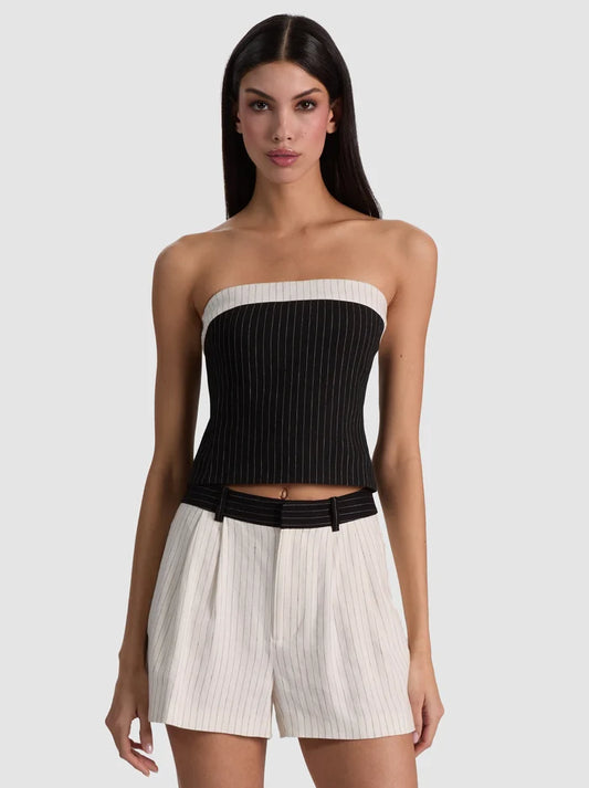Kelly Linen Strapless Top Black/Off White Pinstripe - Alice + Olivia