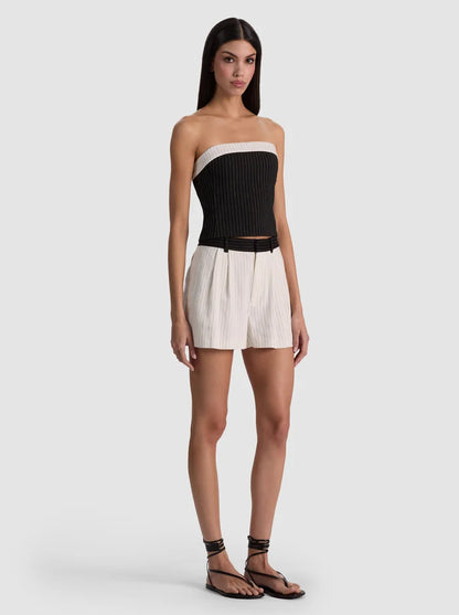 Kelly Linen Strapless Top Black/Off White Pinstripe - Alice + Olivia