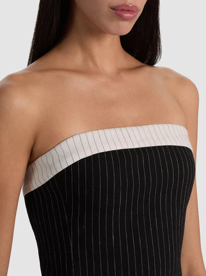 Kelly Linen Strapless Top Black/Off White Pinstripe - Alice + Olivia