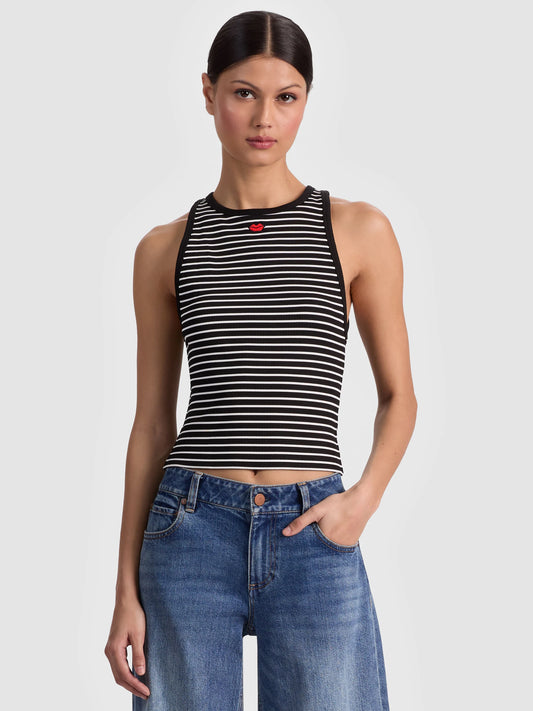 Allen Embroidered Tank Top Black/Off White Stripe - Alice + Olivia