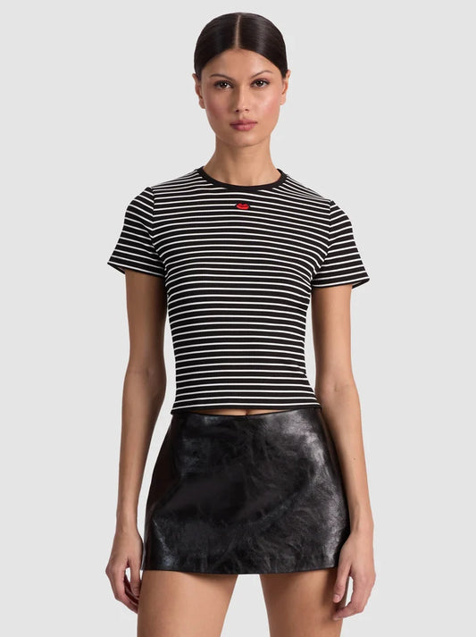 Cindy Embroidered Cropped Tee Black/Off White Stripe - Alice + Olivia
