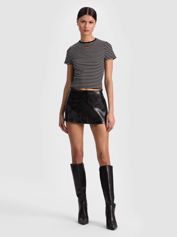 Cindy Embroidered Cropped Tee Black/Off White Stripe - Alice + Olivia