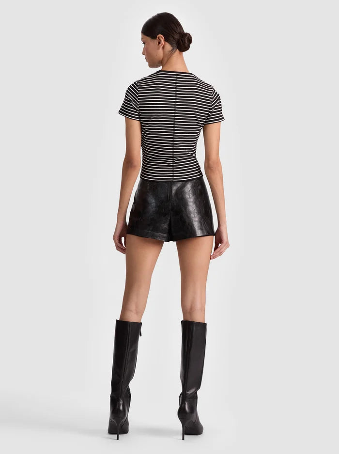 Cindy Embroidered Cropped Tee Black/Off White Stripe - Alice + Olivia