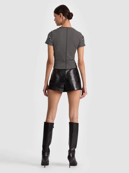 Cindy Embroidered Cropped Tee Black/Off White Stripe - Alice + Olivia