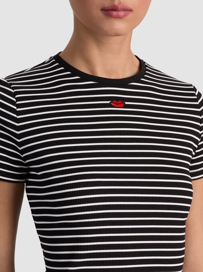 Cindy Embroidered Cropped Tee Black/Off White Stripe - Alice + Olivia