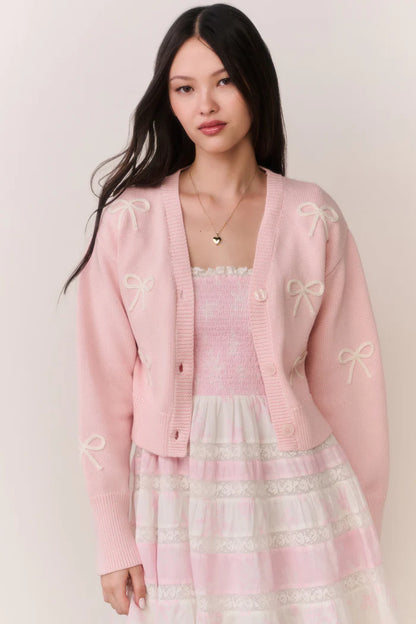 Francette Cotton Bow Embroidered Cardigan Petal Meringue - LoveShackFancy
