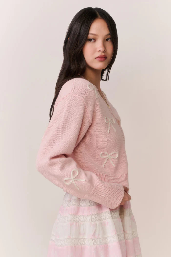 Francette Cotton Bow Embroidered Cardigan Petal Meringue - LoveShackFancy