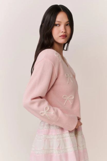 Francette Cotton Bow Embroidered Cardigan Petal Meringue - LoveShackFancy