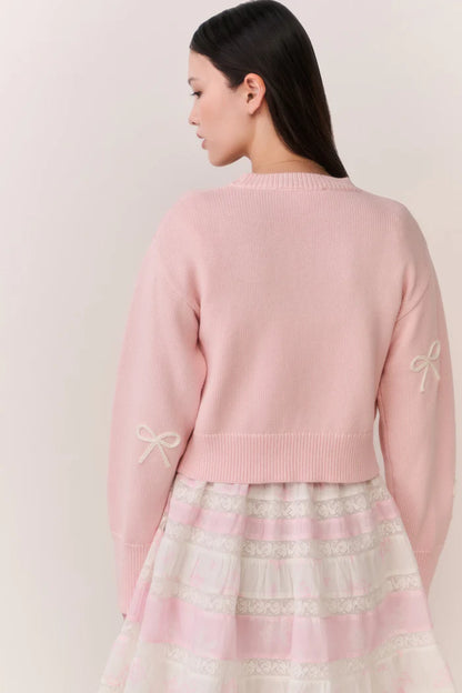 Francette Cotton Bow Embroidered Cardigan Petal Meringue - LoveShackFancy