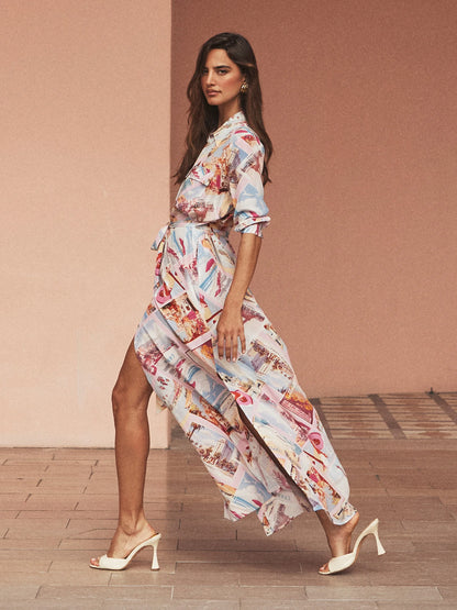 Cameron Silk Shirt Dress Light Pink Multi Large Postcard Print - L'AGENCE