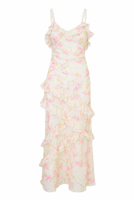 Nocelle Cotton Ruffle Maxi Dress White Peach - LoveShackFancy