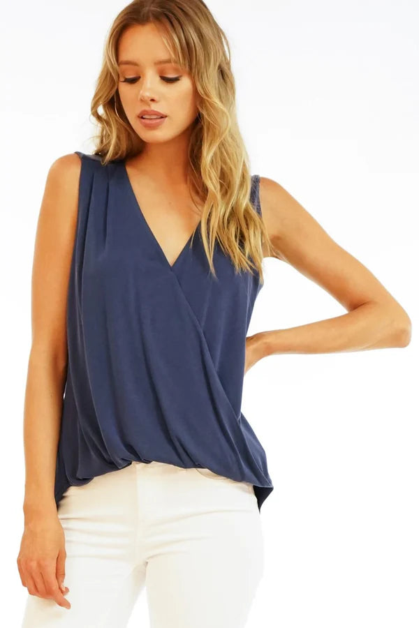 Cupro Sleeveless Surplice Top Navy - Veronica M