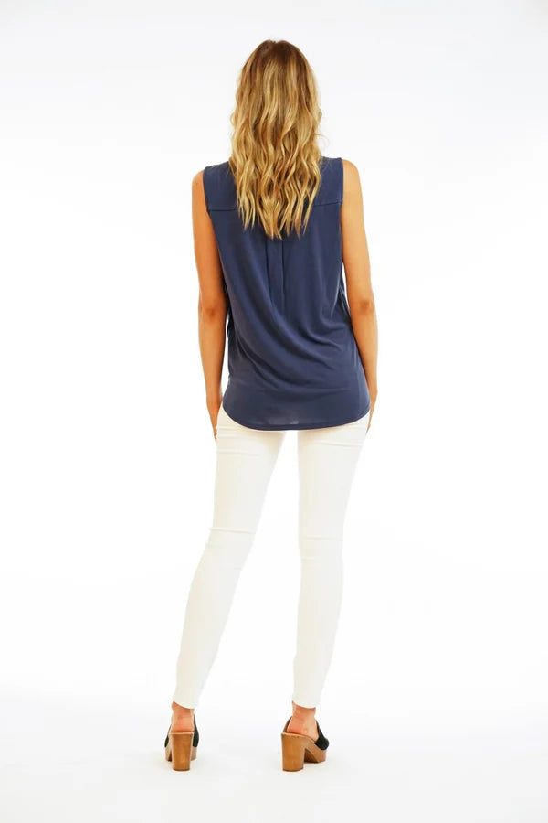 Cupro Sleeveless Surplice Top Navy - Veronica M