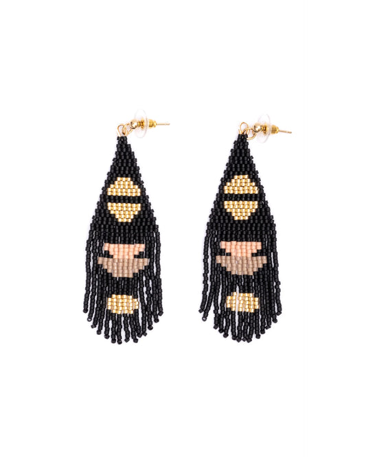 Beaded Handwoven Boho Half Moon Fringe Earrings Black - Mayana Designs