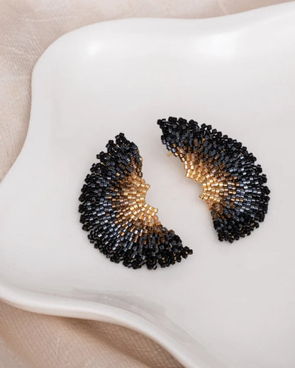 Handwoven Beaded Ginkgo Leaf Stud Earrings Black - Mayana Designs
