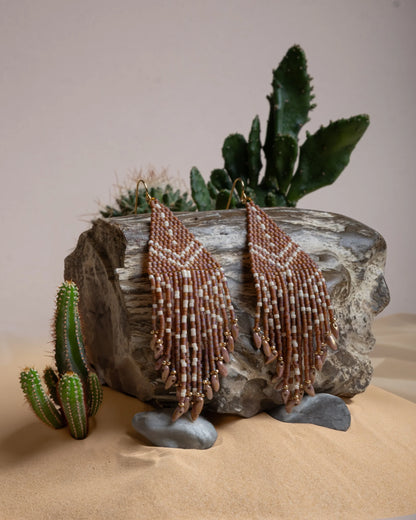Beaded Handwoven Taos Fringe Earrings Light Brown - Mayana Designs