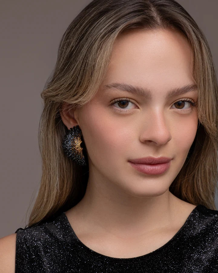 Handwoven Beaded Ginkgo Leaf Stud Earrings Black - Mayana Designs
