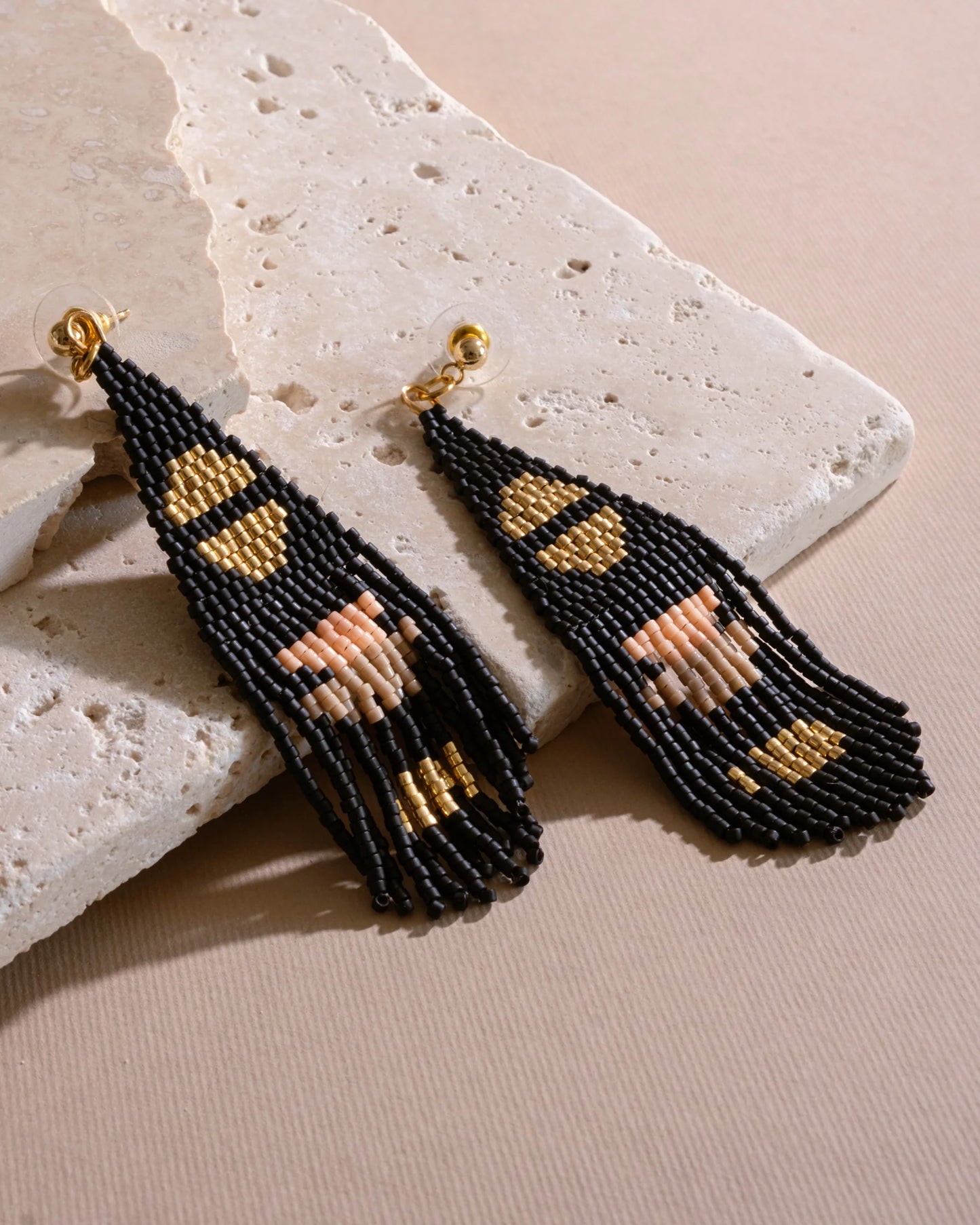 Beaded Handwoven Boho Half Moon Fringe Earrings Black - Mayana Designs