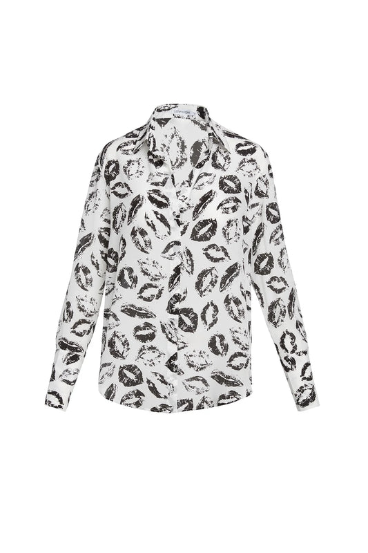 Daria French Cuff Silk Blouse Lips Black/White - Catherine Gee