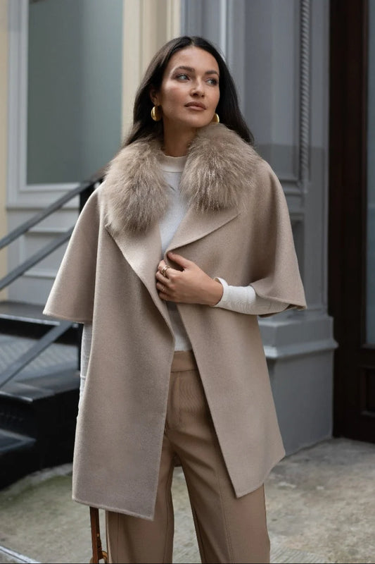 Cashmere Wool Jacket With Fox Fur Irish Cream - Díomí