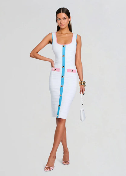 Lyle Bandage Knit Dress White/Aqua/Flamingo - Retrofête