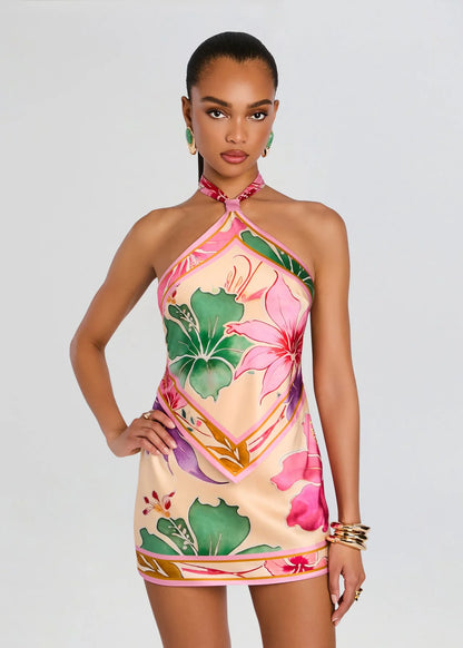 Adelaide Silk Dress Ivory Hibiscus Floral - Retrofête