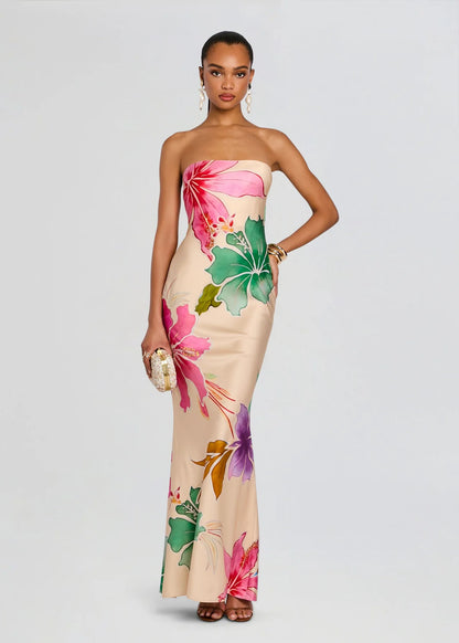 Keaton Silk Dress Ivory Hibiscus Floral - Retrofête