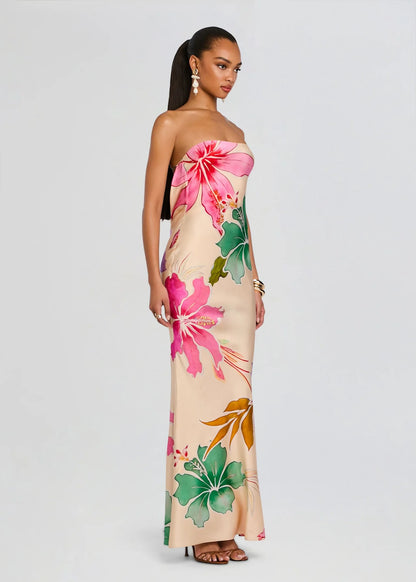 Keaton Silk Dress Ivory Hibiscus Floral - Retrofête