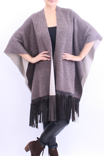Leather Fringed Jacquard Cape Heather Brown/Natural - Zoe Couture