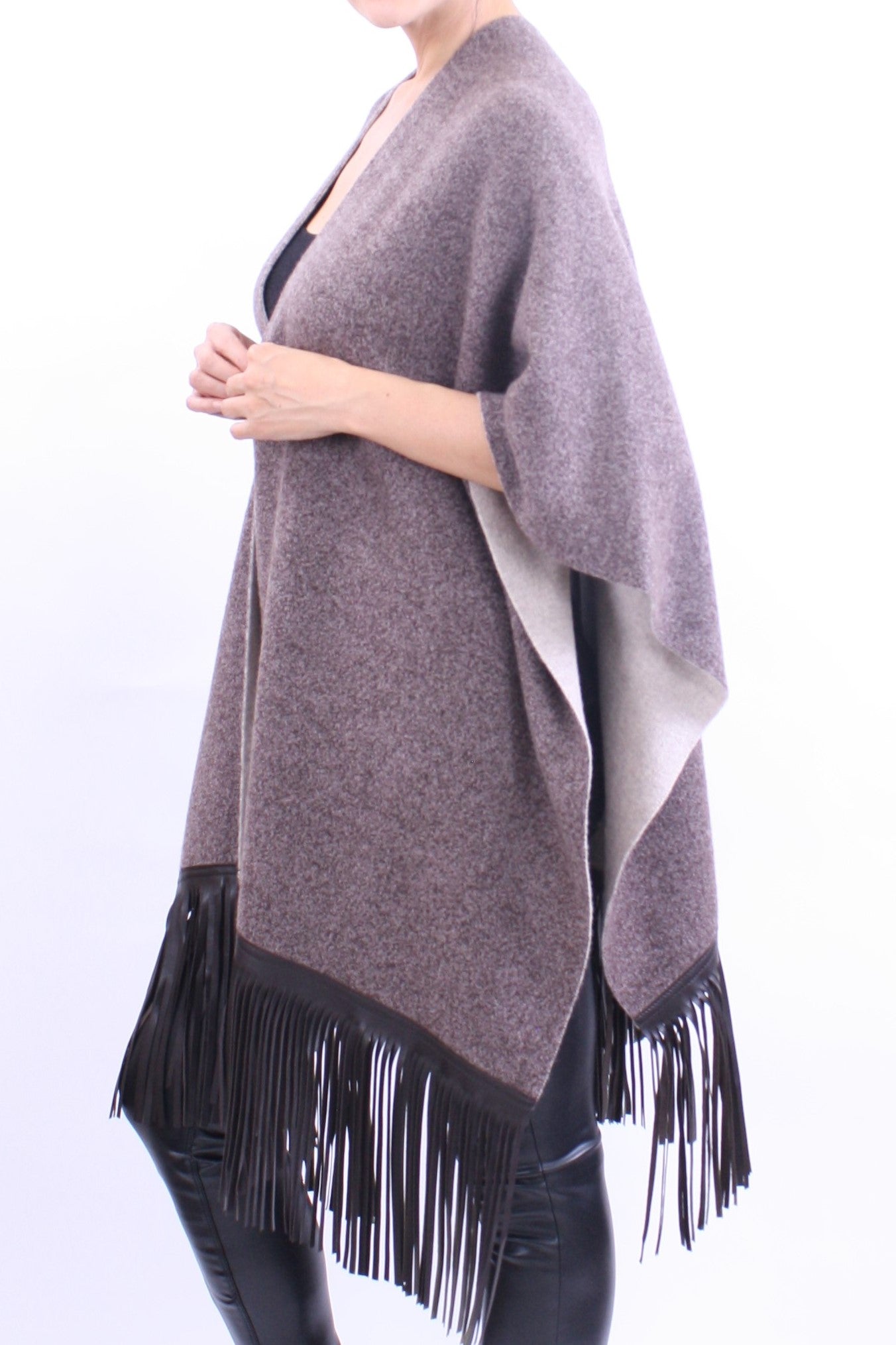 Leather Fringed Jacquard Cape Heather Brown/Natural - Zoe Couture
