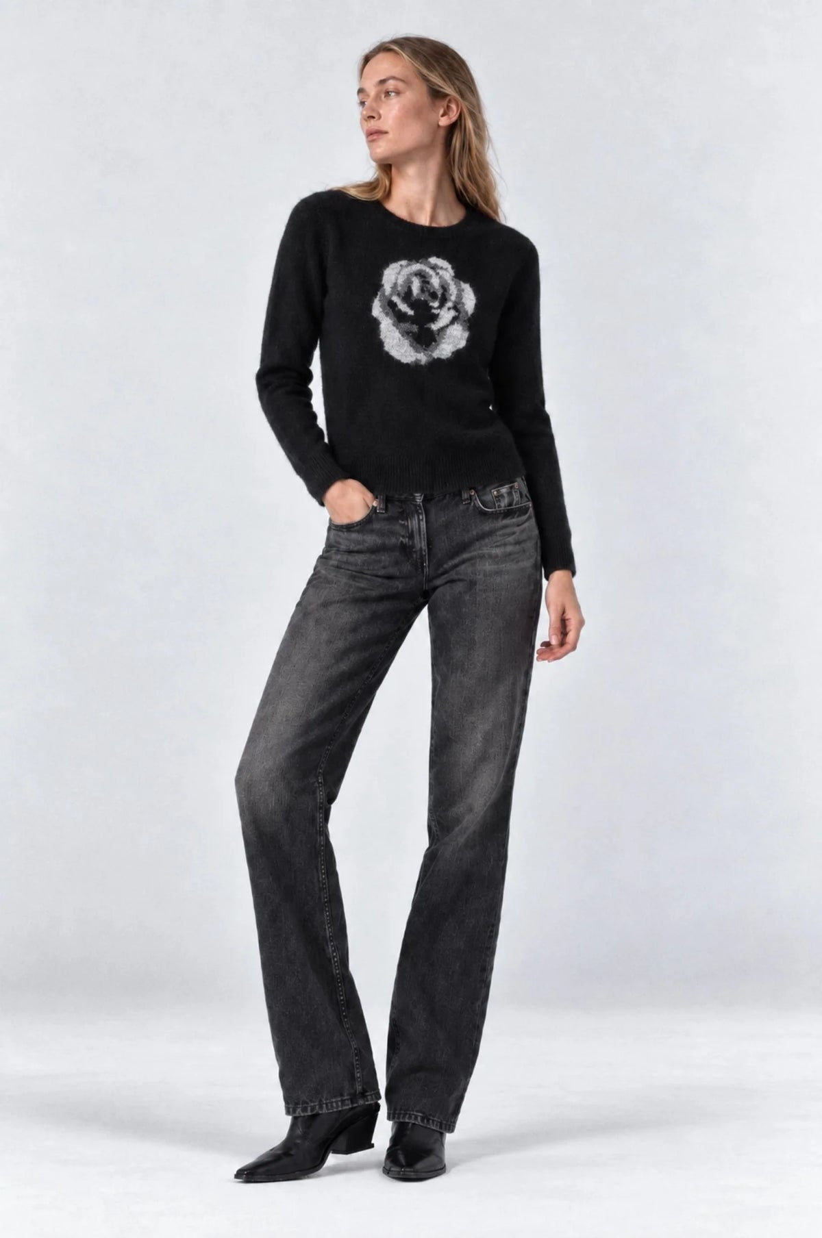 Rose Jacquard Crew Black/Grey - Minnie Rose