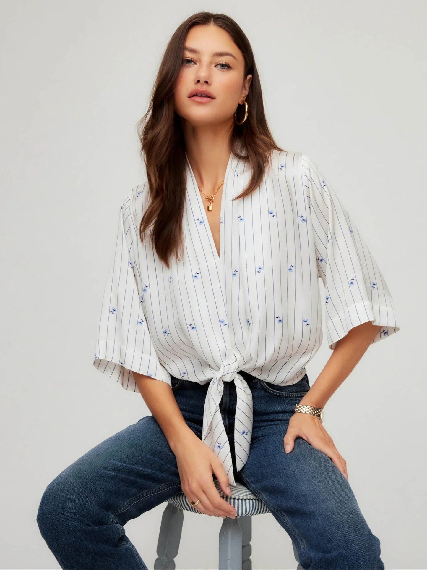 Bernice Tie-Front Blouse Cream/Blue - Fifteen Twenty
