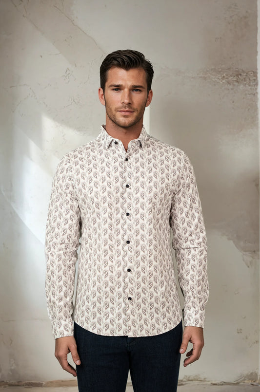 Nova Shirt White Feather Paisley - Stone Rose