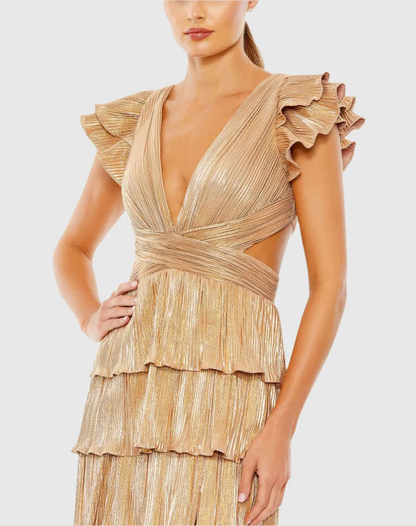 Ruffle Tiered Criss Cross Lace Up Gown Gold - MAC DUGGAL