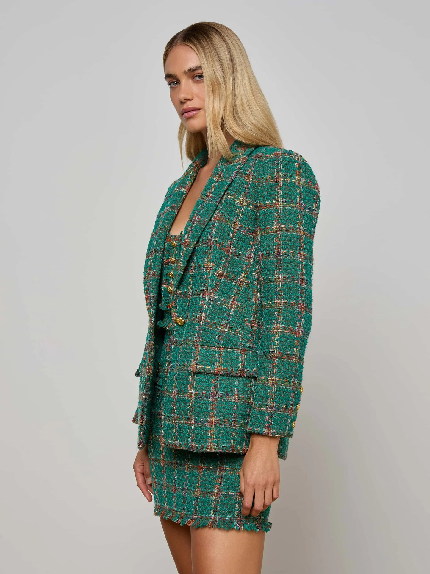 Gweny Tweed Blazer Green Windowpane Tweed - L'AGENCE